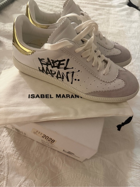 Isabel Marant Shoes - Isabel Marant White Sneakers with Gold Heel Accent and Graffiti Logo
